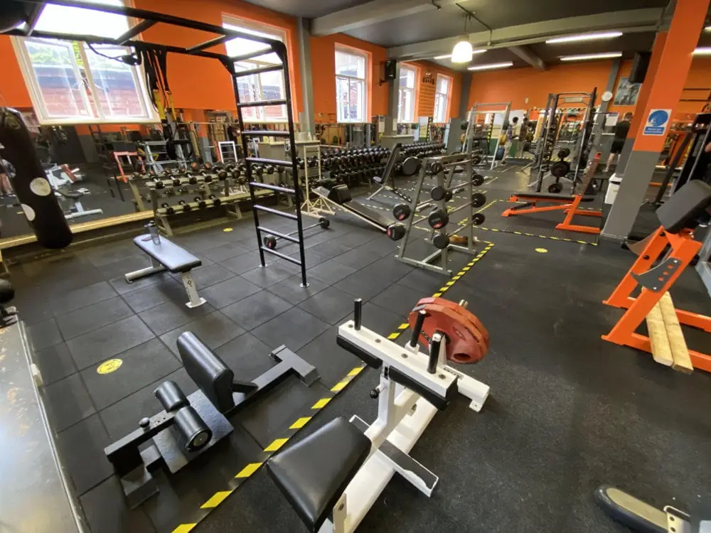 Rows of orange plate-loaded machines on the gym floor, The Bar Gym Worthing