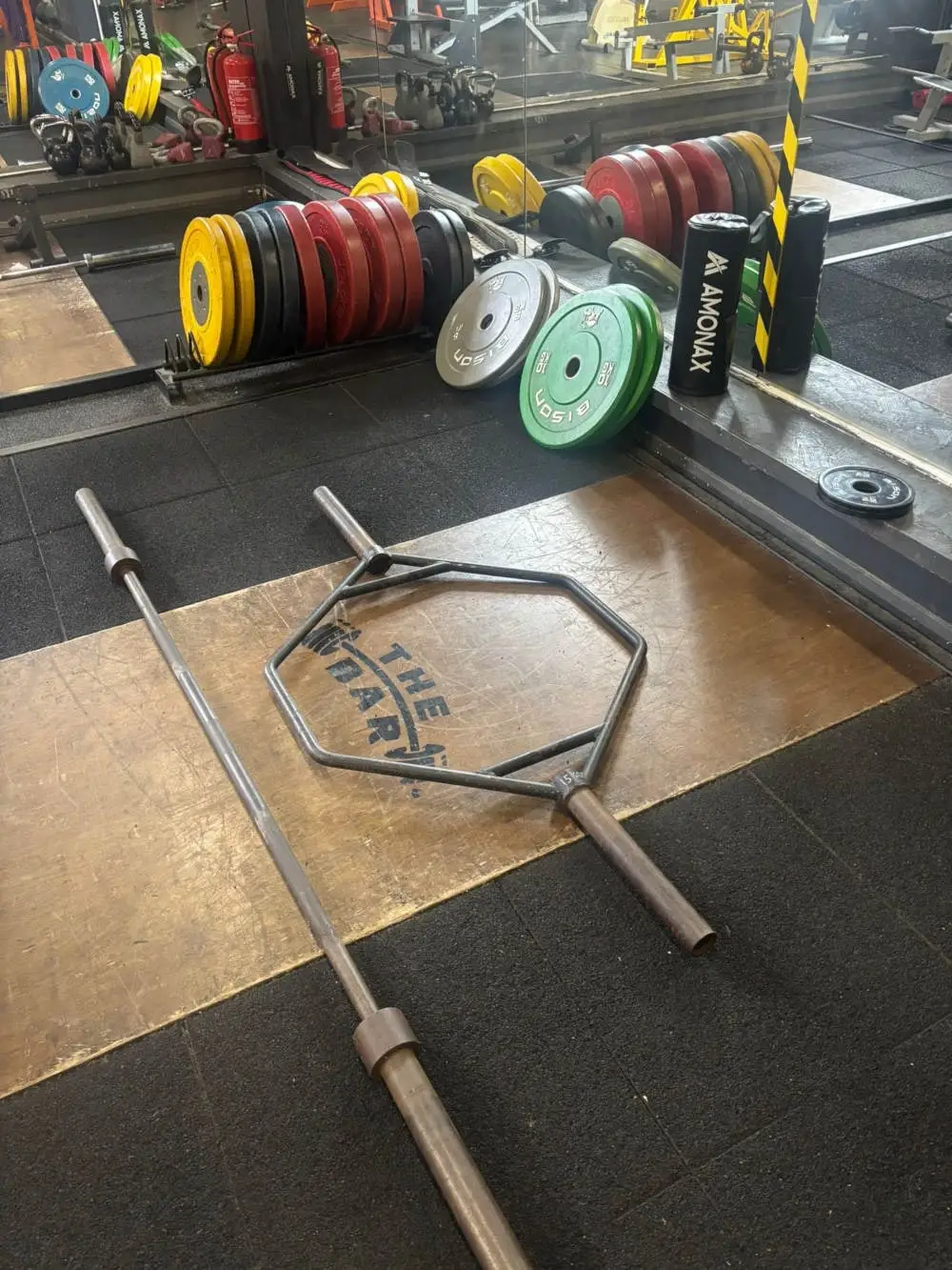 Hex bar and bumper plates on the lifting platform, The Bar Gym Worthing